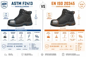 Side-by-side infographic comparing ASTM F2413 American safety footwear standard with EN ISO 20345 European standard, showing boot diagrams, key test requirements, impact and compression values, and classification codes