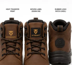 Three Vitosafe safety boots comparing logo branding methods: heat-transfer print on tongue, woven label sewn on, and rubber logo patch on heel, against white studio background