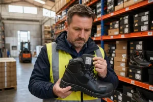 A safety officer inspecting certification labels during incoming quality control. Thirty seconds per pair can save thousands in rejected shipments.