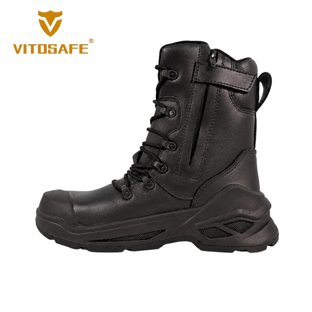 High-Cut Tactical Work Boots — Black Leather-Look Footwear with Side Zipper and Ankle Strap