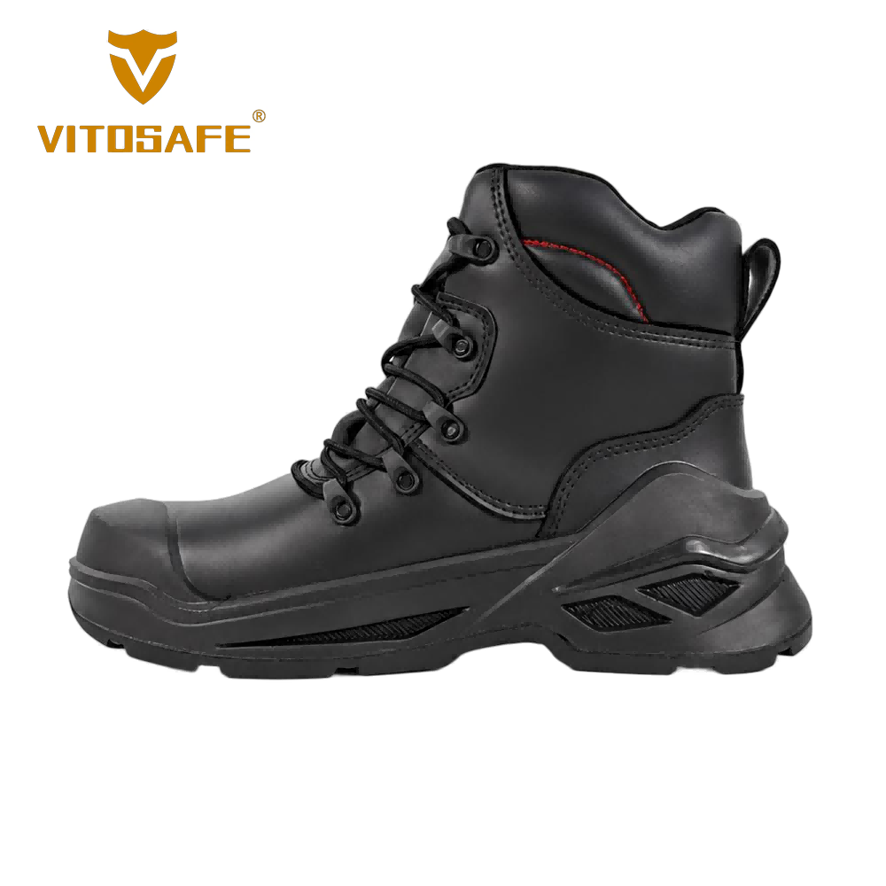 Black Mid-Cut Lace-Up Work Boots — Industrial Safety Footwear with Red Stitching