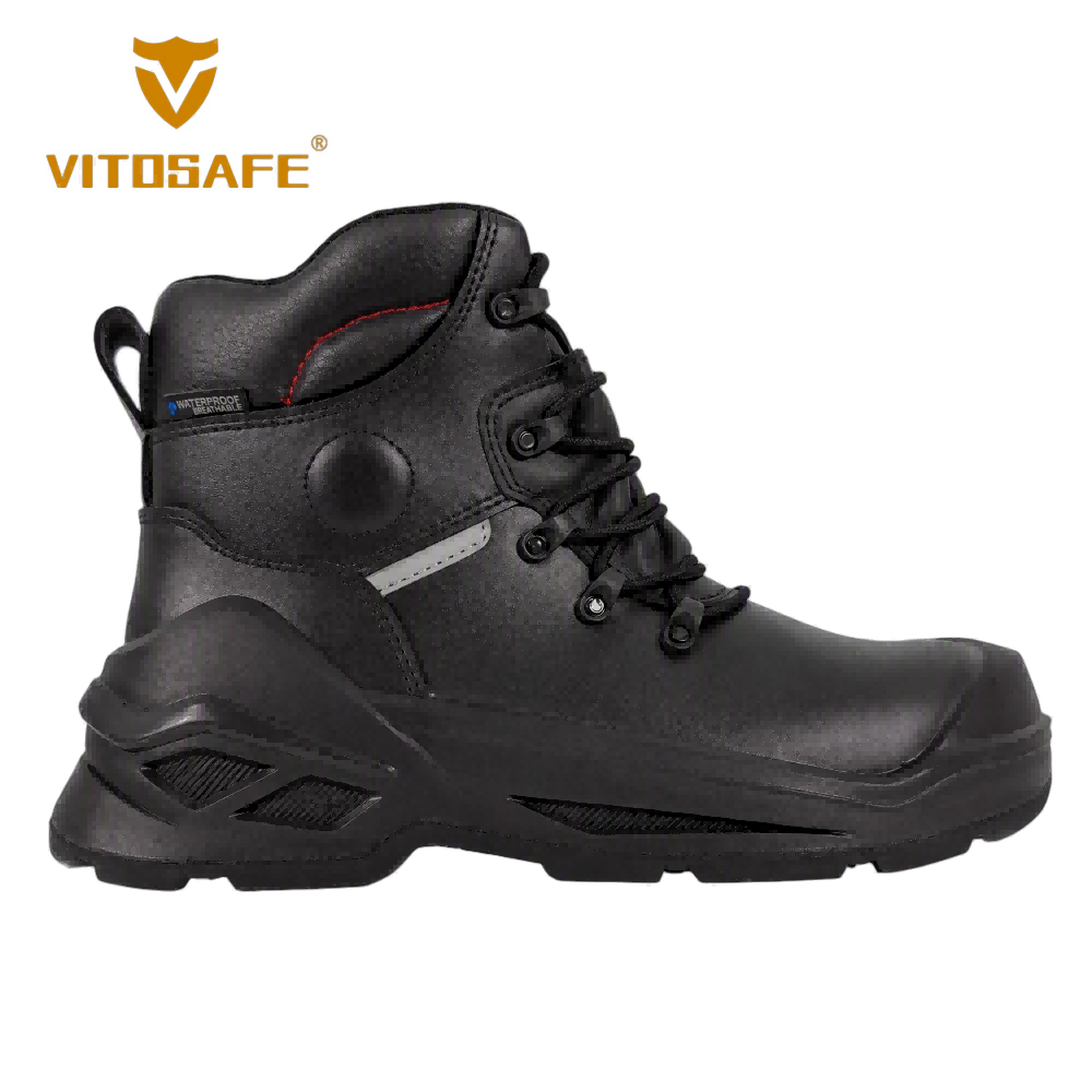 Black Mid-Cut Lace-Up Work Boots — Industrial Safety Footwear with Red Stitching