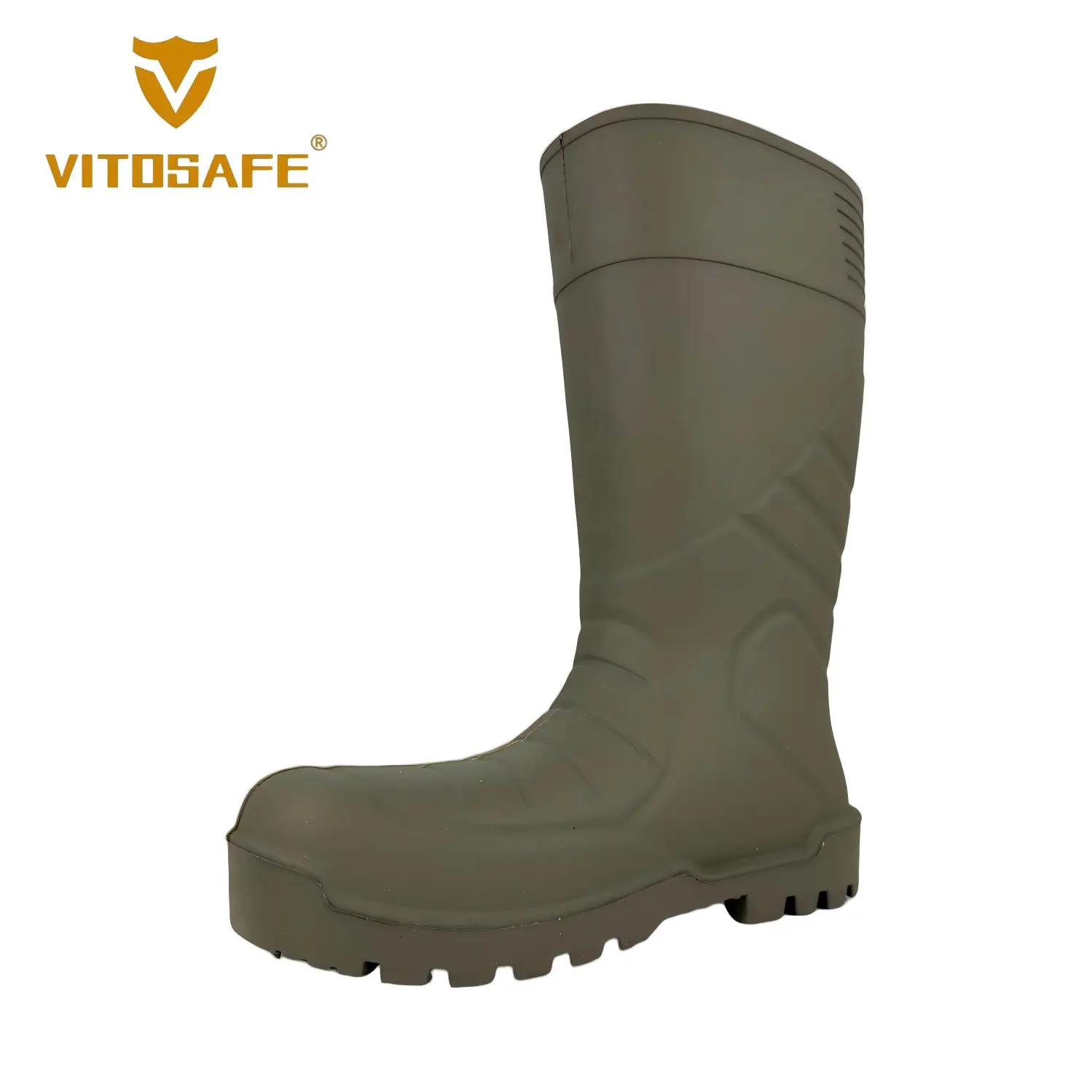 VITOSAF Knee-High PVC Safety Rain Boots — Olive Green, Steel Anti-Puncture Midplate, Waterproof Work Gumboots