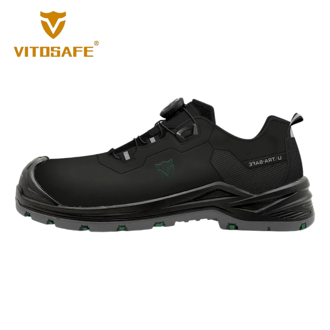 VITOSAFE Low-Cut Dial-Lacing Work Shoes — Black Sporty Safety Footwear with Green Accents