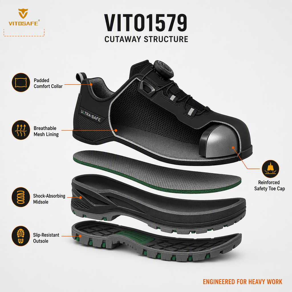 VITOSAFE Low-Cut Dial-Lacing Work Shoes — Black Sporty Safety Footwear with Green Accents