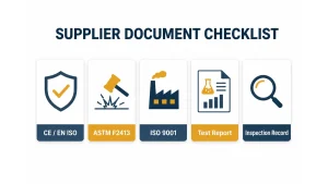 Supplier document checklist infographic showing five cards for CE / EN ISO, ASTM F2413, ISO 9001, Test Report and Inspection Record on a clean white background