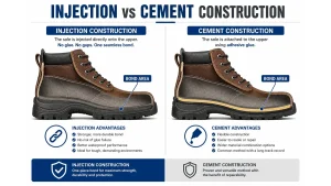 Cross-section comparison of direct injection construction and cement construction showing a moulded upper-to-sole joint versus a separate adhesive bond line