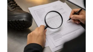 Close-up of hands using a magnifying glass to review a generic safety shoe test report next to a boot outsole on an inspection desk