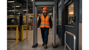 Warehouse worker in orange high-vis vest and hard hat walking through walk-through metal detector gate wearing composite toe safety boots