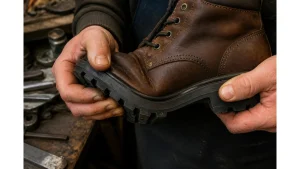 Close-up inspection of the upper-to-outsole bond on a brown leather safety boot during repeated forefoot flexing