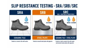 Infographic explaining slip resistance testing standards SRA SRB SRC: SRA tested on ceramic tile with water, SRB tested on steel with glycerin, SRC meets both test conditions