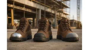 Three brown leather safety work boots in a row on construction site concrete: left with shiny steel toe cap, middle with matte black composite toe cap, right with light grey aluminum toe cap