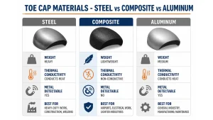 Infographic comparing toe cap materials steel vs composite vs aluminum: weight, thermal conductivity, metal detectable, and best use cases for each material