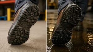 Side-by-side comparison of safety boot outsole tread on dry concrete versus wet oily surface showing slip resistance difference
