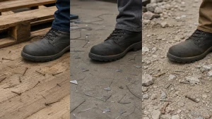 Three puncture-risk jobsite floors showing pallet nails, metal scrap and outdoor screws near safety work boots without injury or penetration