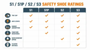 Infographic comparing S1, S1P, S2 and S3 safety shoe ratings with toe cap, anti-static, energy absorption, puncture resistance, water-resistant upper and cleated outsole features
