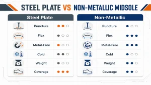 Technical infographic comparing steel plate and non-metallic puncture-resistant midsoles for safety shoes across puncture risk, flexibility, metal-free use, cold transfer, weight and coverage