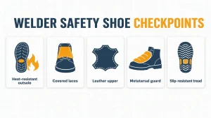 Welder safety shoe checkpoints infographic showing heat-resistant outsole, covered laces, leather upper, metatarsal guard and slip-resistant tread