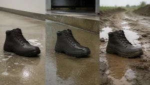 Three wet work environments showing indoor cleaning splash, rainy loading dock and muddy construction access path with safety boots