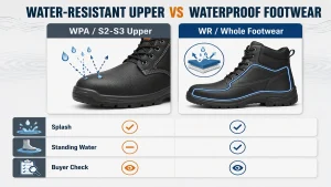 Technical infographic comparing WPA water-resistant upper and WR whole footwear water resistance for safety shoes with splash, standing water and buyer check rows