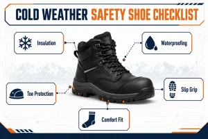 Cold weather safety shoe checklist showing insulation waterproofing slip grip toe protection and comfort fit