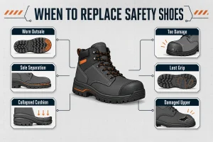 Inspection infographic showing six signs that safety shoes should be replaced