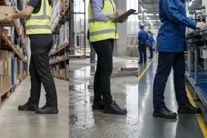 Women workers wearing properly fitted safety shoes in warehouse construction and factory settings