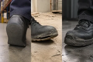 Three workplace scenes showing worn outsoles, sole separation and toe damage on safety boots
